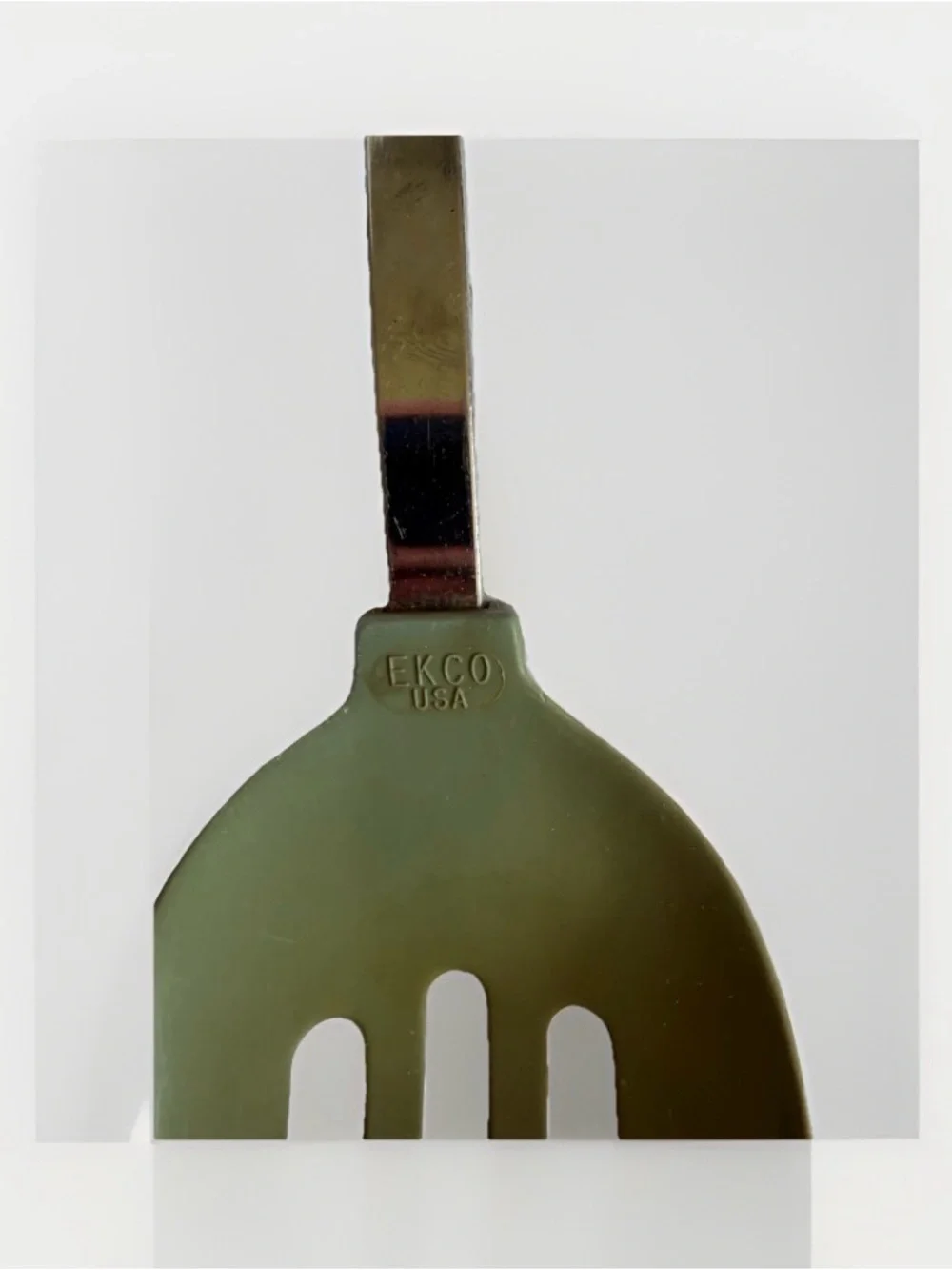 Vintage EKCO Slotted Serving Spoon Olive Green Nylon Blue Plastic Handle USA 70s